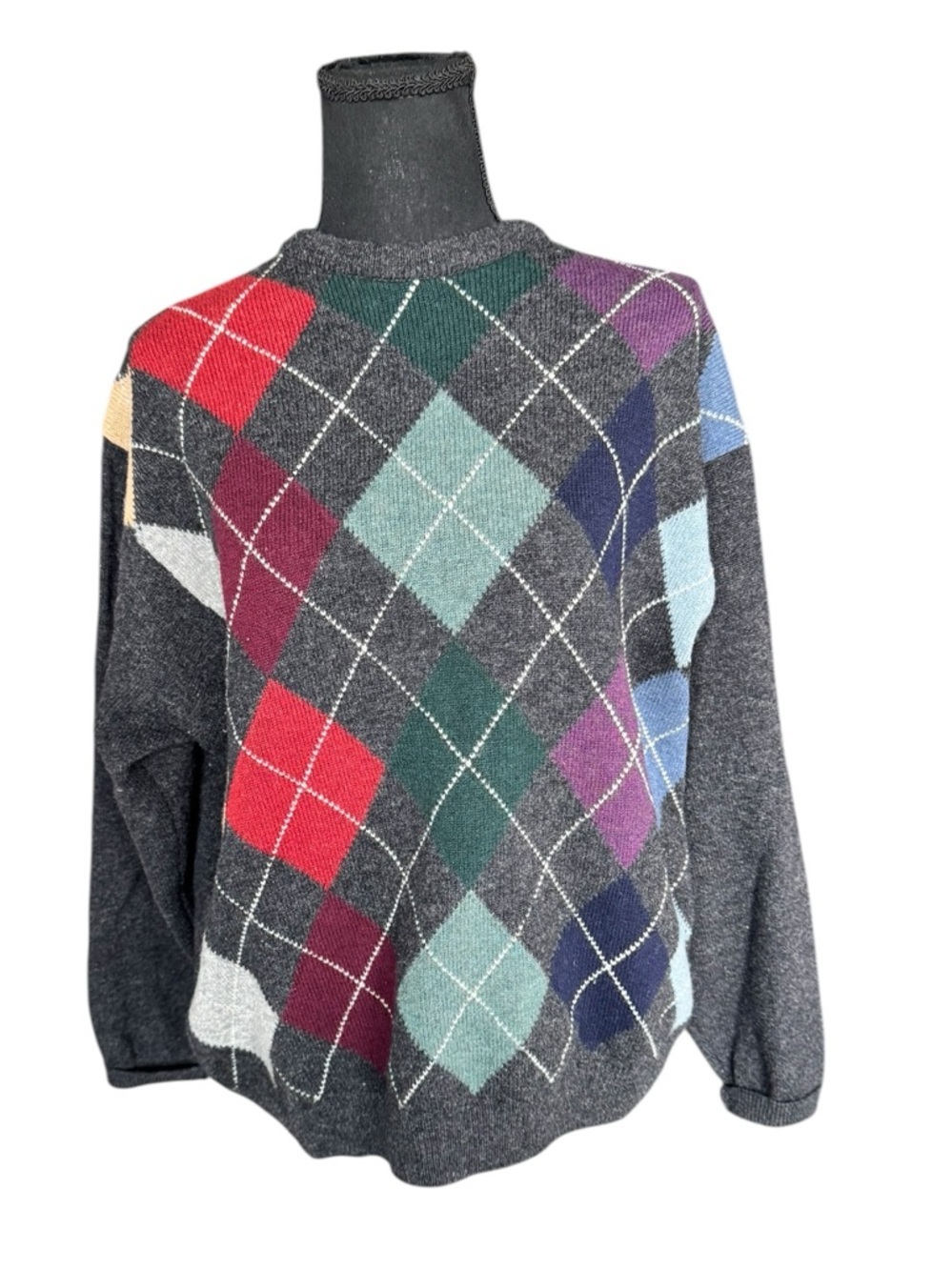 Lands’ End 100% Lambswool Argyle Sweater Size Med Preppy Academia Cozy X79